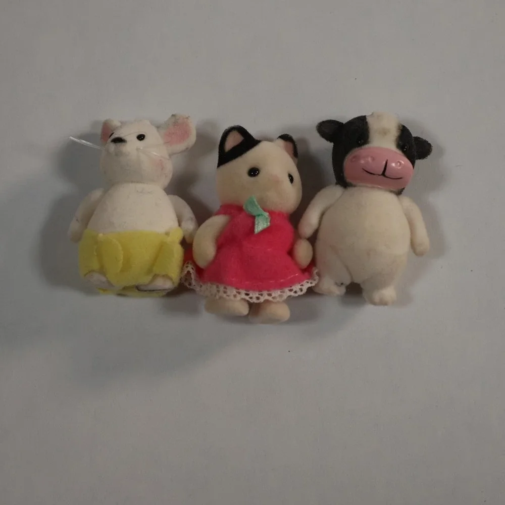Vintage Style Flocked Miniature Animal Figures Lot Mouse Cat Cow‎ 3pc Set